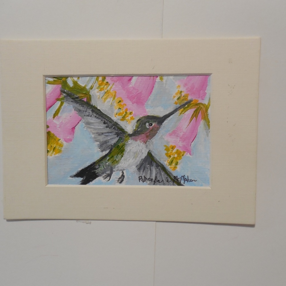 Hummingbird Pink Nectar Flowers Watercolor HAND CRAFTED Painting - Picture 4 of 5